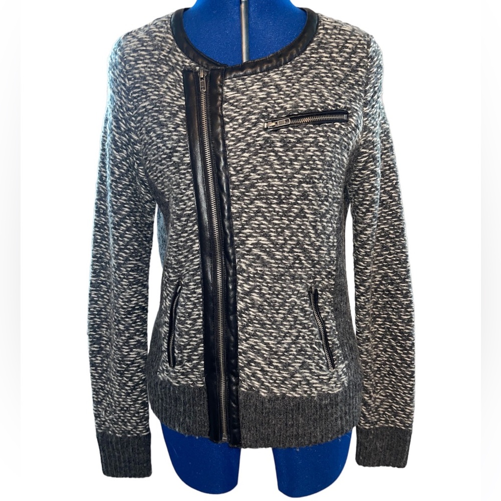 Cynthia Rowley gray and black cardigan sweater with leather trim, size medium